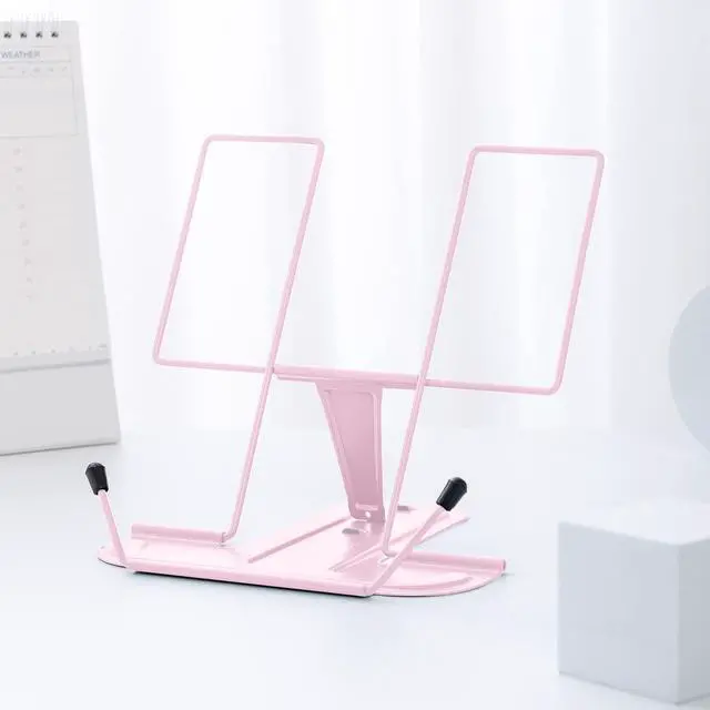 Main image of Metal Book Stand for Desk, Adjustable Reading Rest Book Holder, Portable Cookbook Documents Holder, Sturdy Typing Stand for Recipes Textbooks Tablet Music Books with Page Clips (Macaron Pink)