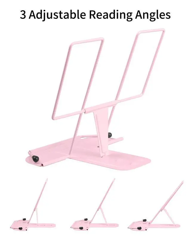 Alt view image 2 of 6 - Metal Book Stand for Desk, Adjustable Reading Rest Book Holder, Portable Cookbook Documents Holder, Sturdy Typing Stand for Recipes Textbooks Tablet Music Books with Page Clips (Macaron Pink)