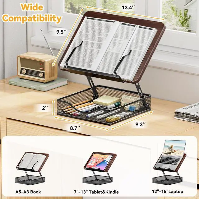 Alt view image 3 of 7 - Adjustable Book Stand for Reading with Storage - 2-13" Height Hands-Free