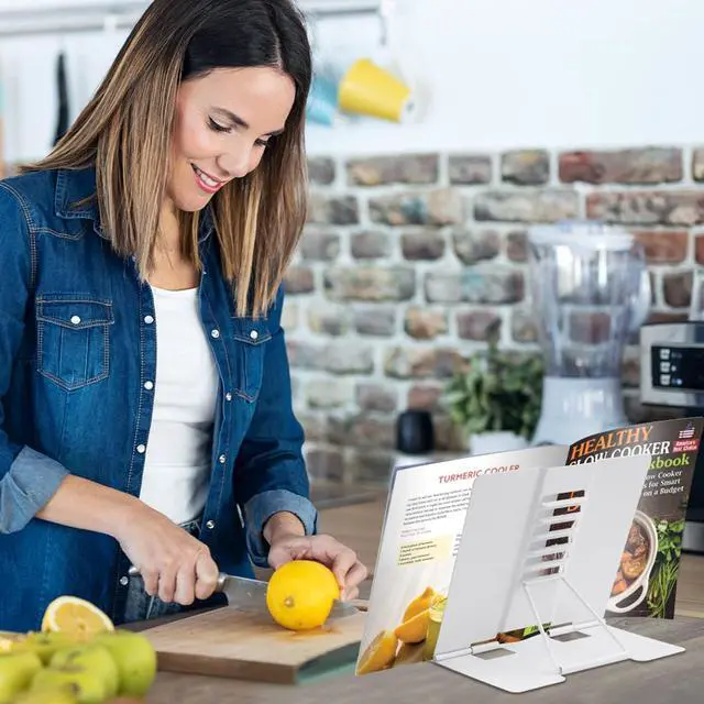 Alt view image 2 of 7 - Book Stand Metal Desk Book Holder, Book Holders for Reading Hands Free, Adjustable Cookbook Documents Holder, Portable Bookstand for Music Books, Textbook, Recipe, Tablet, Ipad (White)