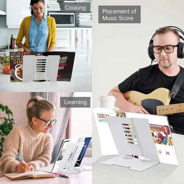 Alt view image 7 of 7 - Book Stand Metal Desk Book Holder, Book Holders for Reading Hands Free, Adjustable Cookbook Documents Holder, Portable Bookstand for Music Books, Textbook, Recipe, Tablet, Ipad (White)