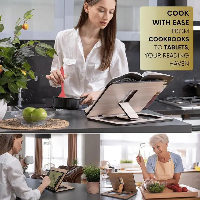 Alt view image 3 of 7 - Book Stand, Book Holder, Reading Stand, Cookbook Holder, Recipe Book Stand, Wooden Book Stands for Reading, Cookbook Stand for Kitchen, Book Holder for Reading in Bed (Oak)