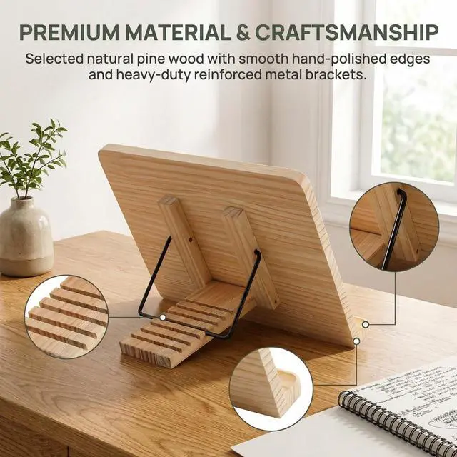 Alt view image 3 of 7 - Reading Rack Wooden Bookshelf - Book Stand Foldable with 8 Adjustable Positions and Page Clips,Suitable for cookbooksiPadslaptopsSheet Musicand Reading Stands
