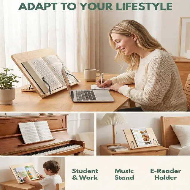 Alt view image 4 of 7 - Reading Rack Wooden Bookshelf - Book Stand Foldable with 8 Adjustable Positions and Page Clips,Suitable for cookbooksiPadslaptopsSheet Musicand Reading Stands