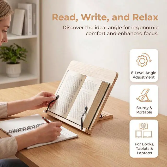Alt view image 2 of 7 - Reading Rack Wooden Bookshelf - Book Stand Foldable with 8 Adjustable Positions and Page Clips,Suitable for cookbooksiPadslaptopsSheet Musicand Reading Stands