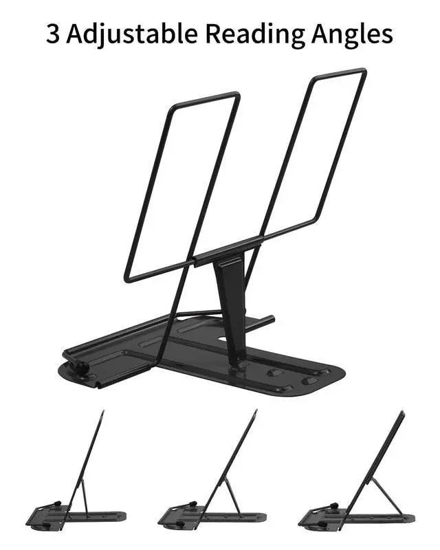 Alt view image 3 of 7 - Metal Book Stand for Desk, Adjustable Reading Rest Book Holder, Portable Cookbook Documents Holder, Sturdy Typing Stand for Recipes Textbooks Tablet Music Books with Page Clips (Black)