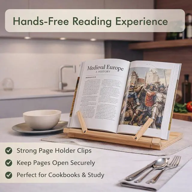 Alt view image 2 of 6 - Wooden Book Stand with Page Holder Clips Adjustable Foldable Reading Stand for Cookbooks Recipes Textbooks Bible Documents Tablet Solid Pine Wood Hands-Free Set Book Holder for Counter Desk