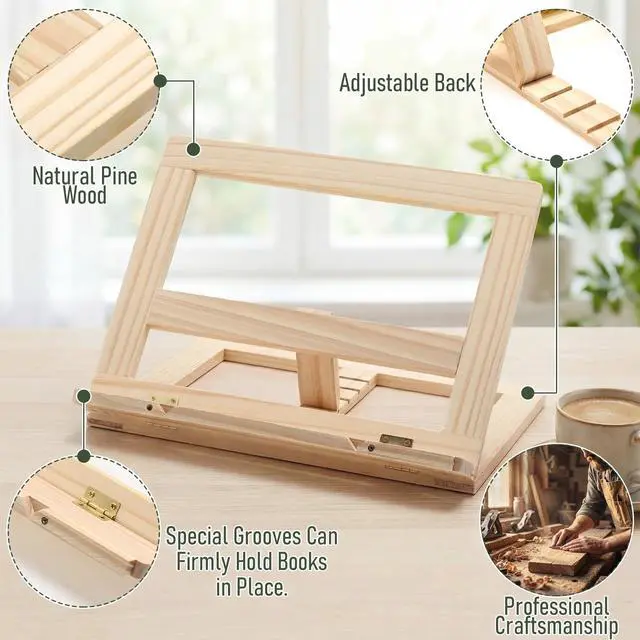 Alt view image 4 of 6 - Wooden Book Stand with Page Holder Clips Adjustable Foldable Reading Stand for Cookbooks Recipes Textbooks Bible Documents Tablet Solid Pine Wood Hands-Free Set Book Holder for Counter Desk