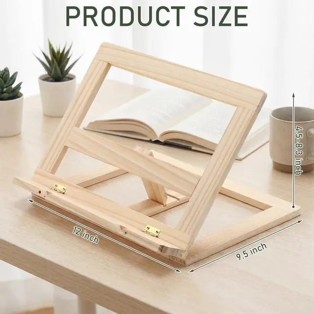 Alt view image 3 of 6 - Wooden Book Stand with Page Holder Clips Adjustable Foldable Reading Stand for Cookbooks Recipes Textbooks Bible Documents Tablet Solid Pine Wood Hands-Free Set Book Holder for Counter Desk
