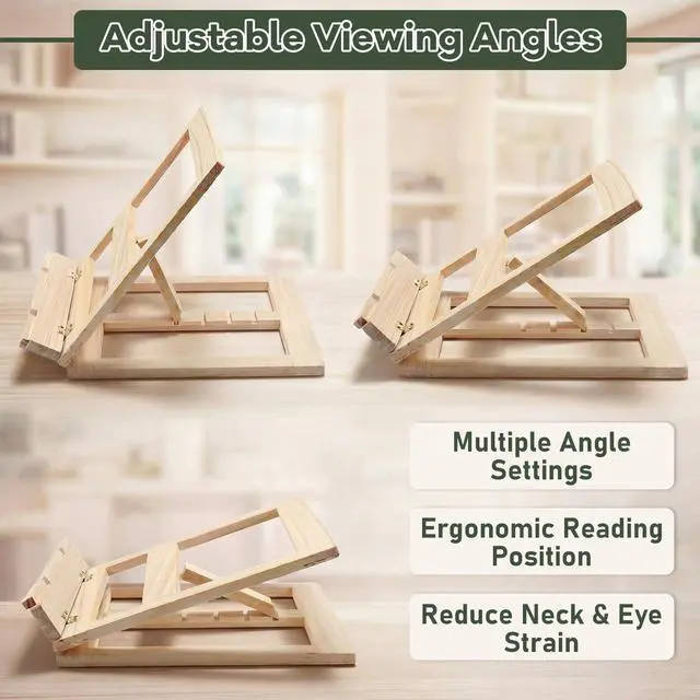 Alt view image 5 of 6 - Wooden Book Stand with Page Holder Clips Adjustable Foldable Reading Stand for Cookbooks Recipes Textbooks Bible Documents Tablet Solid Pine Wood Hands-Free Set Book Holder for Counter Desk
