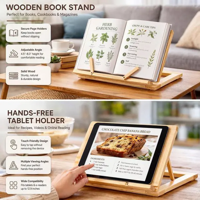 Alt view image 6 of 6 - Wooden Book Stand with Page Holder Clips Adjustable Foldable Reading Stand for Cookbooks Recipes Textbooks Bible Documents Tablet Solid Pine Wood Hands-Free Set Book Holder for Counter Desk