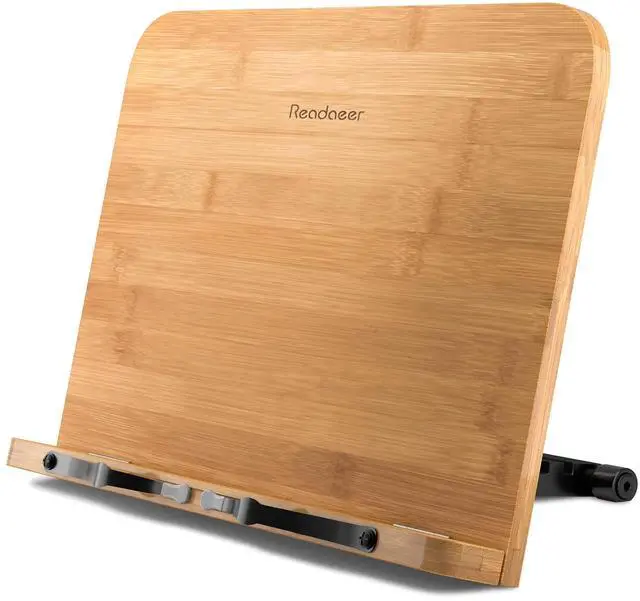 Main image of Bamboo Book Stand, Large Book Holder with 6 Adjustable Height, Foldable Cookbook Stand Desktop Document Holder for Kitchen & Office (13.4 x 9.3 Inch)