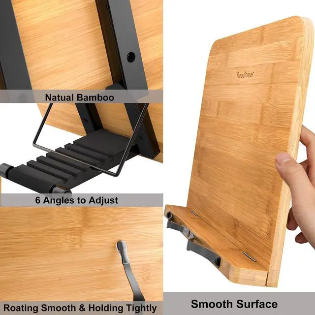Alt view image 3 of 7 - Bamboo Book Stand, Large Book Holder with 6 Adjustable Height, Foldable Cookbook Stand Desktop Document Holder for Kitchen & Office (13.4 x 9.3 Inch)