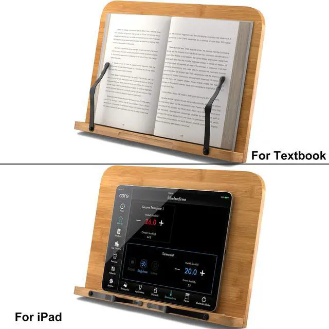 Alt view image 6 of 7 - Bamboo Book Stand, Large Book Holder with 6 Adjustable Height, Foldable Cookbook Stand Desktop Document Holder for Kitchen & Office (13.4 x 9.3 Inch)