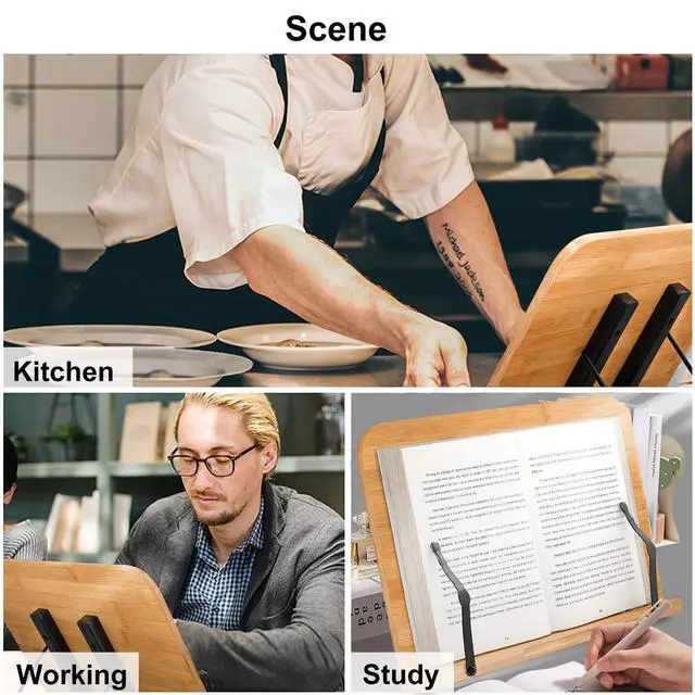Alt view image 7 of 7 - Bamboo Book Stand, Large Book Holder with 6 Adjustable Height, Foldable Cookbook Stand Desktop Document Holder for Kitchen & Office (13.4 x 9.3 Inch)