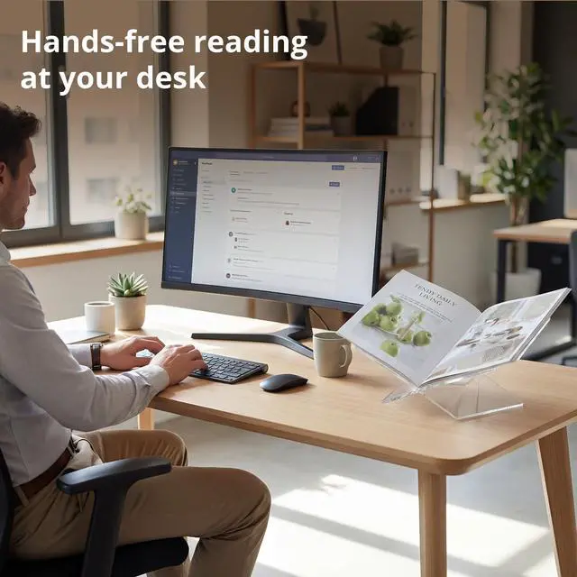 Alt view image 4 of 7 - Acrylic Desktop Book Stand, Clear Angled Book Holder Display for Cookbooks, Magazines & Art Books, 12×7×5 in Slim Transparent Reading Stand for Desk & Coffee Table