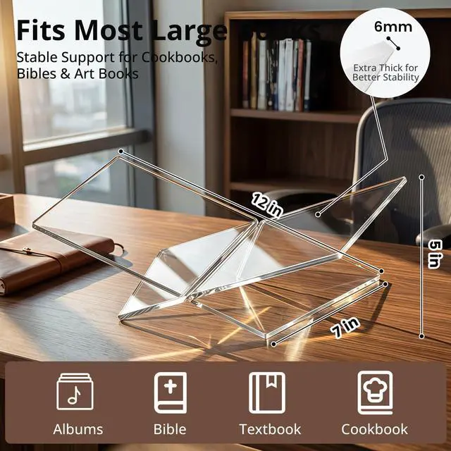 Alt view image 3 of 7 - Acrylic Desktop Book Stand, Clear Angled Book Holder Display for Cookbooks, Magazines & Art Books, 12×7×5 in Slim Transparent Reading Stand for Desk & Coffee Table