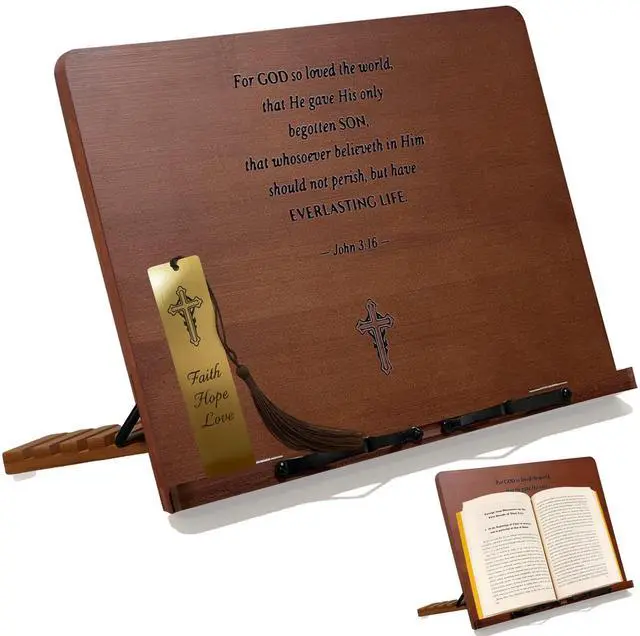 Main image of Large Bible Stand Holder, Christian Gifts for Women Men Faith, Spiritual Gifts Decor - Adjustable Bamboo Wooden Book Stand for Reading Hands Free, Cookbook Stand with Sturdy Page Clips