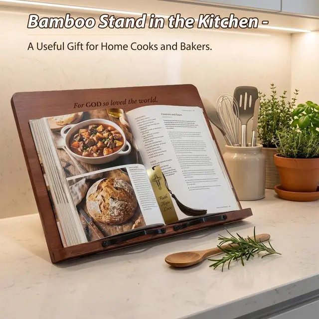 Alt view image 2 of 7 - Large Bible Stand Holder, Christian Gifts for Women Men Faith, Spiritual Gifts Decor - Adjustable Bamboo Wooden Book Stand for Reading Hands Free, Cookbook Stand with Sturdy Page Clips