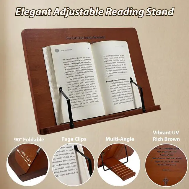 Alt view image 3 of 7 - Large Bible Stand Holder, Christian Gifts for Women Men Faith, Spiritual Gifts Decor - Adjustable Bamboo Wooden Book Stand for Reading Hands Free, Cookbook Stand with Sturdy Page Clips