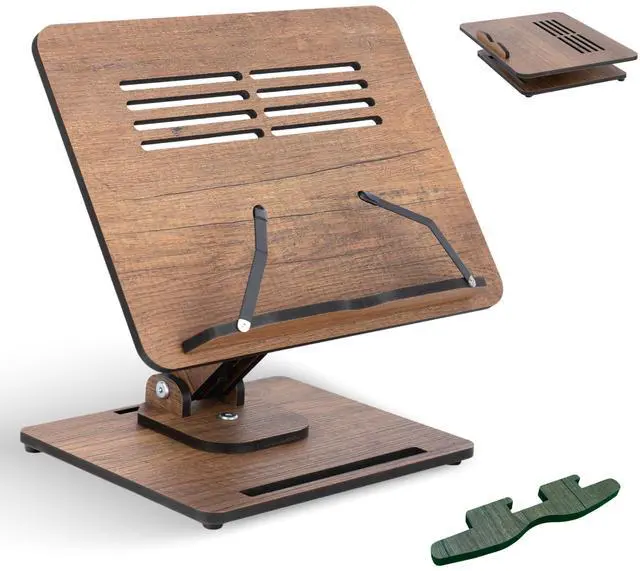 Main image of Book Stand for Reading 360° Adjustable, Wooden Laptop Stand, Cookbooks Holder, Music Scores, Featuring Multi-Height Angles and Foldable Design with Page Clips.