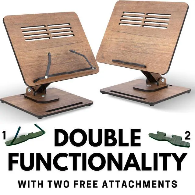 Alt view image 2 of 7 - Book Stand for Reading 360° Adjustable, Wooden Laptop Stand, Cookbooks Holder, Music Scores, Featuring Multi-Height Angles and Foldable Design with Page Clips.