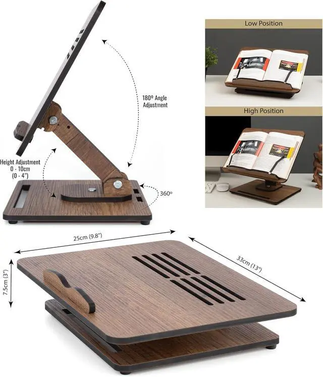 Alt view image 5 of 7 - Book Stand for Reading 360° Adjustable, Wooden Laptop Stand, Cookbooks Holder, Music Scores, Featuring Multi-Height Angles and Foldable Design with Page Clips.