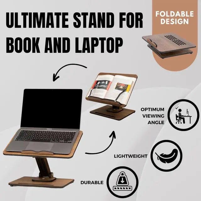 Alt view image 4 of 7 - Book Stand for Reading 360° Adjustable, Wooden Laptop Stand, Cookbooks Holder, Music Scores, Featuring Multi-Height Angles and Foldable Design with Page Clips.