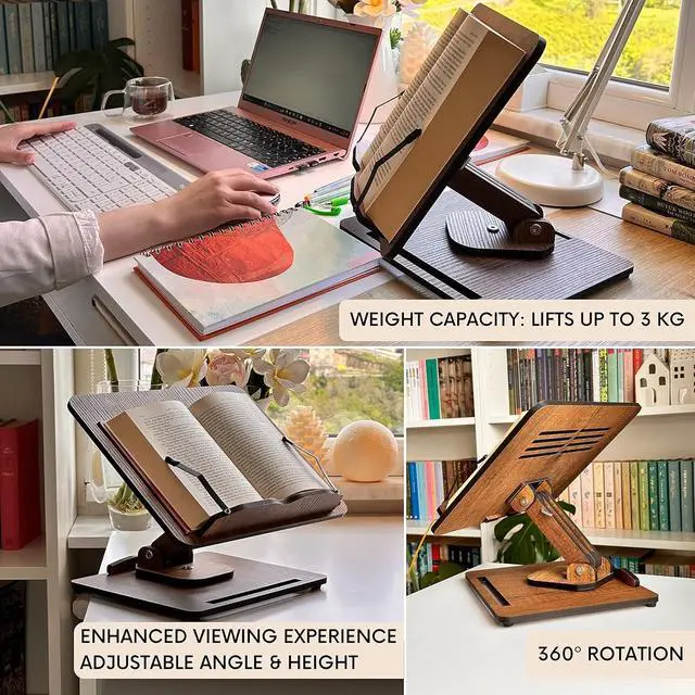 Alt view image 7 of 7 - Book Stand for Reading 360° Adjustable, Wooden Laptop Stand, Cookbooks Holder, Music Scores, Featuring Multi-Height Angles and Foldable Design with Page Clips.