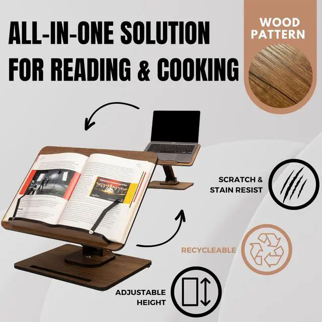 Alt view image 6 of 7 - Book Stand for Reading 360° Adjustable, Wooden Laptop Stand, Cookbooks Holder, Music Scores, Featuring Multi-Height Angles and Foldable Design with Page Clips.