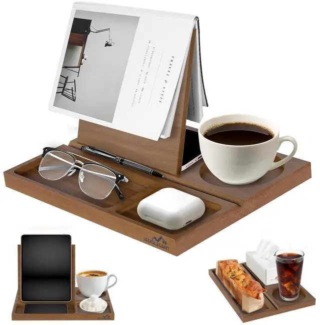 Main image of Acacia Book Nook Reading Valet Stand, Wooden Book Stand for Reading Rest, Triangle Books Holder with Cup, Pen, Phone & Earphone Holder, for Nightstand Bedside Desk Library and Book Lover Gifts