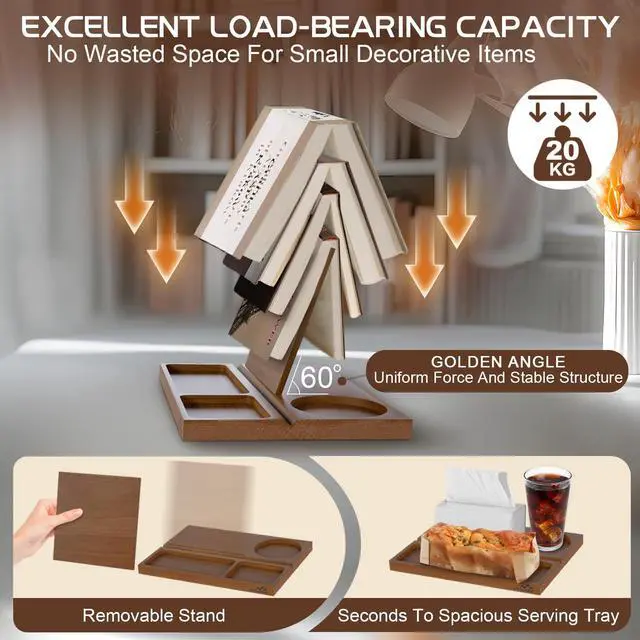 Alt view image 3 of 6 - Acacia Book Nook Reading Valet Stand, Wooden Book Stand for Reading Rest, Triangle Books Holder with Cup, Pen, Phone & Earphone Holder, for Nightstand Bedside Desk Library and Book Lover Gifts