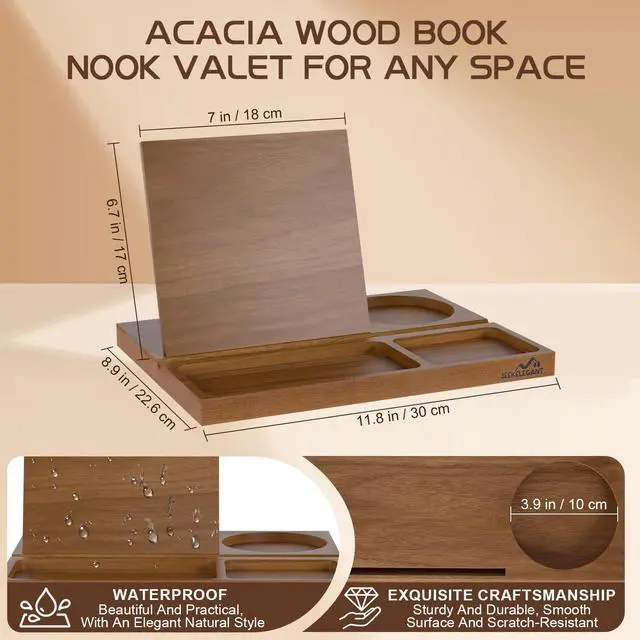 Alt view image 4 of 6 - Acacia Book Nook Reading Valet Stand, Wooden Book Stand for Reading Rest, Triangle Books Holder with Cup, Pen, Phone & Earphone Holder, for Nightstand Bedside Desk Library and Book Lover Gifts