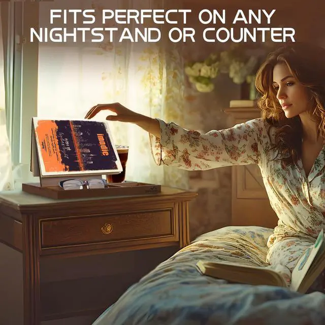 Alt view image 2 of 6 - Acacia Book Nook Reading Valet Stand, Wooden Book Stand for Reading Rest, Triangle Books Holder with Cup, Pen, Phone & Earphone Holder, for Nightstand Bedside Desk Library and Book Lover Gifts