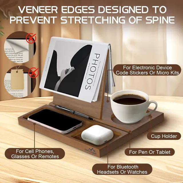Alt view image 5 of 6 - Acacia Book Nook Reading Valet Stand, Wooden Book Stand for Reading Rest, Triangle Books Holder with Cup, Pen, Phone & Earphone Holder, for Nightstand Bedside Desk Library and Book Lover Gifts