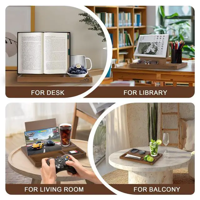 Alt view image 6 of 6 - Acacia Book Nook Reading Valet Stand, Wooden Book Stand for Reading Rest, Triangle Books Holder with Cup, Pen, Phone & Earphone Holder, for Nightstand Bedside Desk Library and Book Lover Gifts