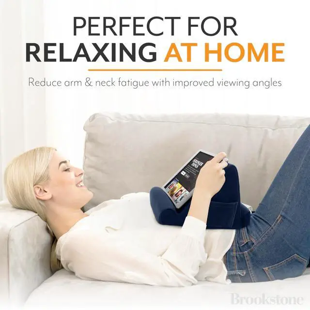 Alt view image 2 of 7 - Tablet Lap Cushion - Tablet/Phone/Ebook Holder for Bed, Flights, and Travel, Memory Foam Lap Desk for Reading and Hands Free Viewing, Compatible iPad and Kindle Accessories, Blue