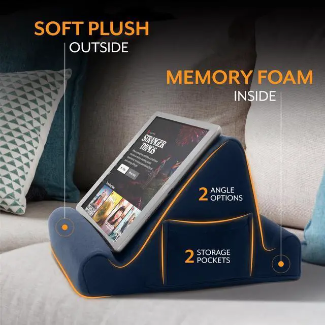 Alt view image 5 of 7 - Tablet Lap Cushion - Tablet/Phone/Ebook Holder for Bed, Flights, and Travel, Memory Foam Lap Desk for Reading and Hands Free Viewing, Compatible iPad and Kindle Accessories, Blue