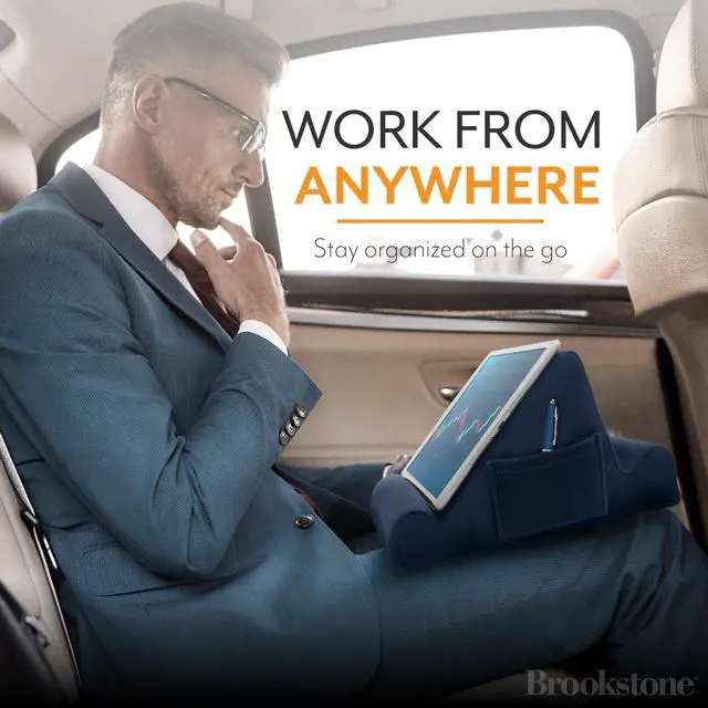 Alt view image 6 of 7 - Tablet Lap Cushion - Tablet/Phone/Ebook Holder for Bed, Flights, and Travel, Memory Foam Lap Desk for Reading and Hands Free Viewing, Compatible iPad and Kindle Accessories, Blue