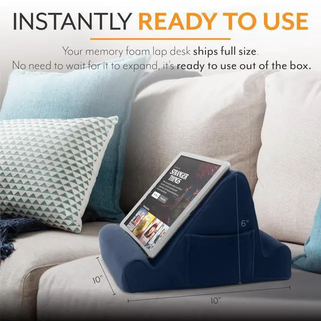 Alt view image 7 of 7 - Tablet Lap Cushion - Tablet/Phone/Ebook Holder for Bed, Flights, and Travel, Memory Foam Lap Desk for Reading and Hands Free Viewing, Compatible iPad and Kindle Accessories, Blue