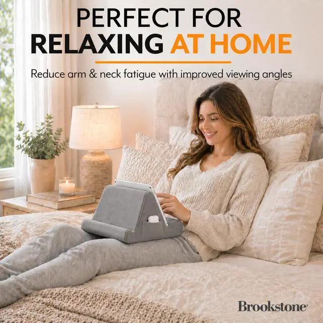 Alt view image 2 of 7 - Tablet Lap Cushion - Tablet/Phone/Ebook Holder for Bed, Flights, and Travel, Memory Foam Lap Desk for Reading and Hands Free Viewing, Compatible iPad and Kindle Accessories, Grey