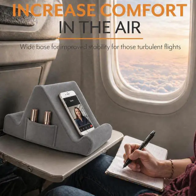 Alt view image 3 of 7 - Tablet Lap Cushion - Tablet/Phone/Ebook Holder for Bed, Flights, and Travel, Memory Foam Lap Desk for Reading and Hands Free Viewing, Compatible iPad and Kindle Accessories, Grey