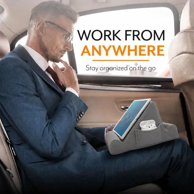 Alt view image 4 of 7 - Tablet Lap Cushion - Tablet/Phone/Ebook Holder for Bed, Flights, and Travel, Memory Foam Lap Desk for Reading and Hands Free Viewing, Compatible iPad and Kindle Accessories, Grey