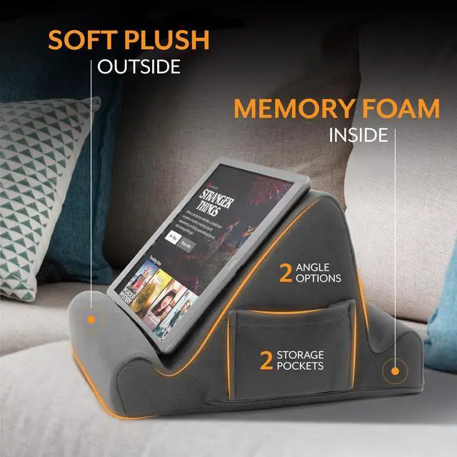 Alt view image 6 of 7 - Tablet Lap Cushion - Tablet/Phone/Ebook Holder for Bed, Flights, and Travel, Memory Foam Lap Desk for Reading and Hands Free Viewing, Compatible iPad and Kindle Accessories, Grey