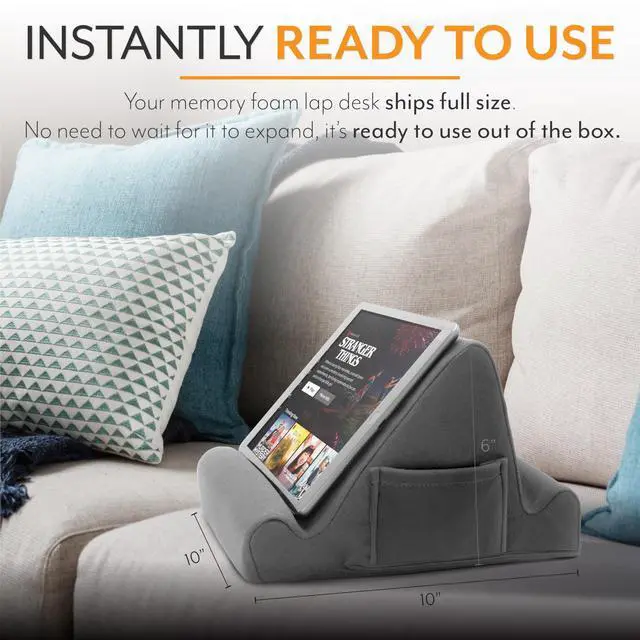Alt view image 7 of 7 - Tablet Lap Cushion - Tablet/Phone/Ebook Holder for Bed, Flights, and Travel, Memory Foam Lap Desk for Reading and Hands Free Viewing, Compatible iPad and Kindle Accessories, Grey