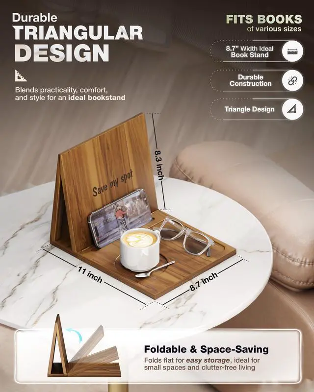 Alt view image 3 of 7 - Triangle Book Holder, Wooden Book Stand for Reading Rest, Acacia Foldable Book Nook Reading Valet, Triangle Book Stand with Cup, Pen, Glasses and Phone Holder for Bedroom, Nightstand