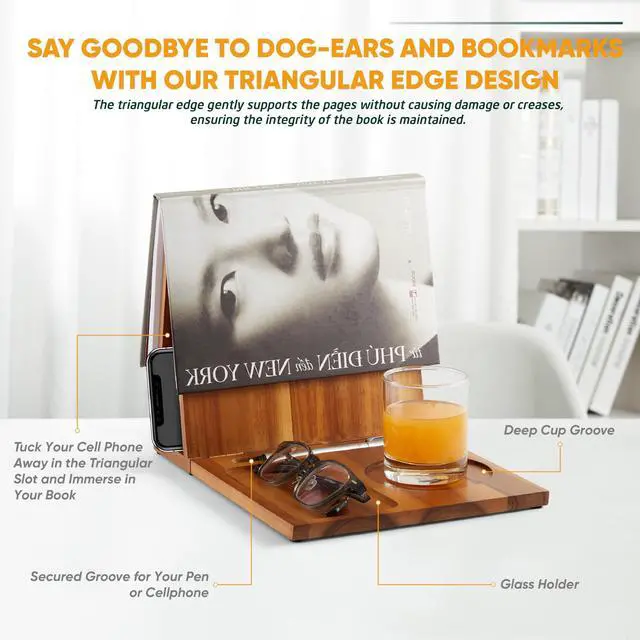 Alt view image 5 of 7 - Triangle Book Holder, Wooden Book Stand for Reading Rest, Acacia Foldable Book Nook Reading Valet, Triangle Book Stand with Cup, Pen, Glasses and Phone Holder for Bedroom, Nightstand