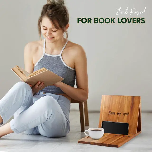 Alt view image 6 of 7 - Triangle Book Holder, Wooden Book Stand for Reading Rest, Acacia Foldable Book Nook Reading Valet, Triangle Book Stand with Cup, Pen, Glasses and Phone Holder for Bedroom, Nightstand