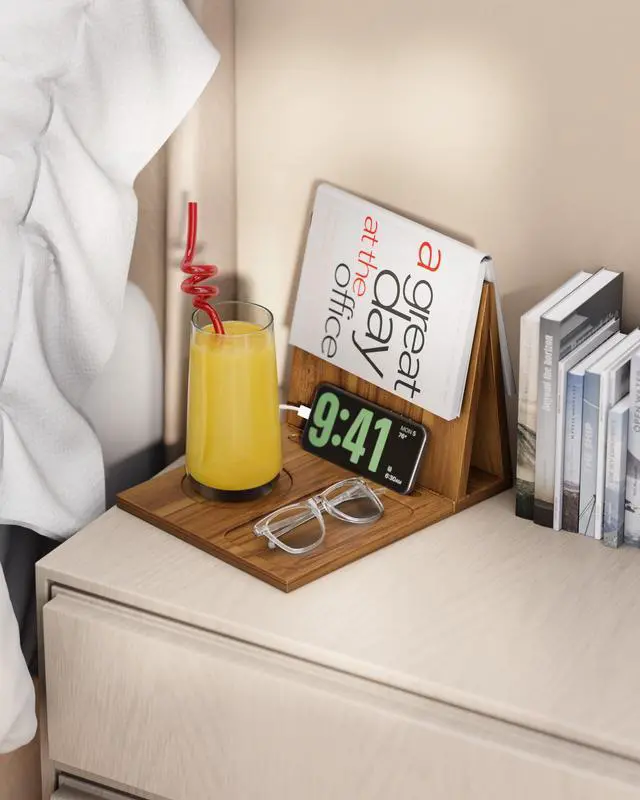 Alt view image 7 of 7 - Triangle Book Holder, Wooden Book Stand for Reading Rest, Acacia Foldable Book Nook Reading Valet, Triangle Book Stand with Cup, Pen, Glasses and Phone Holder for Bedroom, Nightstand