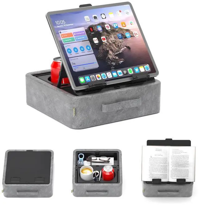 Main image of 5 in 1 Tablet Pillow Holder, Foldable iPad Stand with Storage Tray, 2 Cup Holders and Pen Slot, Adjustable Reading Pillow for Lap, Bed, Desk and Couch Compatible with iPad Pro 12.9, Air, E-Reader